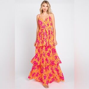 Flying Tomato Pink and Orange Tiered Maxi Dress Resort Wear